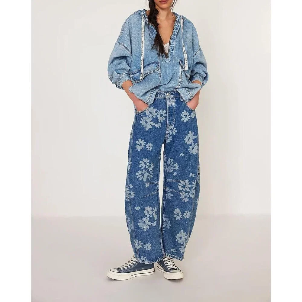 Women's Baggy Wide Leg Denim Jeans Floral Print Mid Rise Ankle Pants - Picture 2 of 6